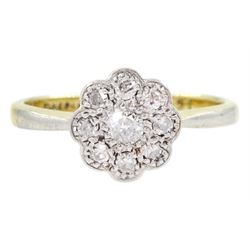 Early - mid 20th century milgrain set transitional cut diamond daisy cluster ring, stamped 18ct Fine Plat, total diamond weight approx 0.25 carat