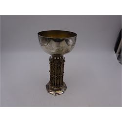 Modern limited edition silver goblet, 'made by order of The Dean and Chapter for the celebration of the eighth centenary of Wells Cathedral in 1982', designed by Hector Miller for Aurum, the plain circular bowl with parcel gilt interior, upon an ornate figural parcel gilt stem and an octagonal foot, no. 80/800, hallmarked Hector Miller, London 1982, H17cm