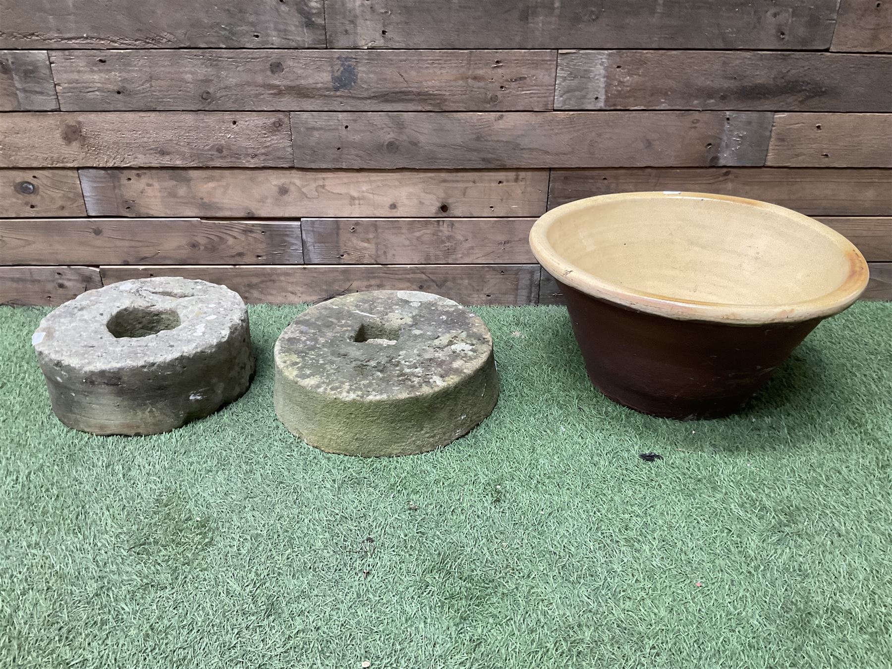 Pair of small stone mill stones and glazed pancheon  - THIS LOT IS TO BE COLLECTED BY APPOINTMENT FROM DUGGLEBY STORAGE, GREAT HILL, EASTFIELD, SCARBOROUGH, YO11 3TX