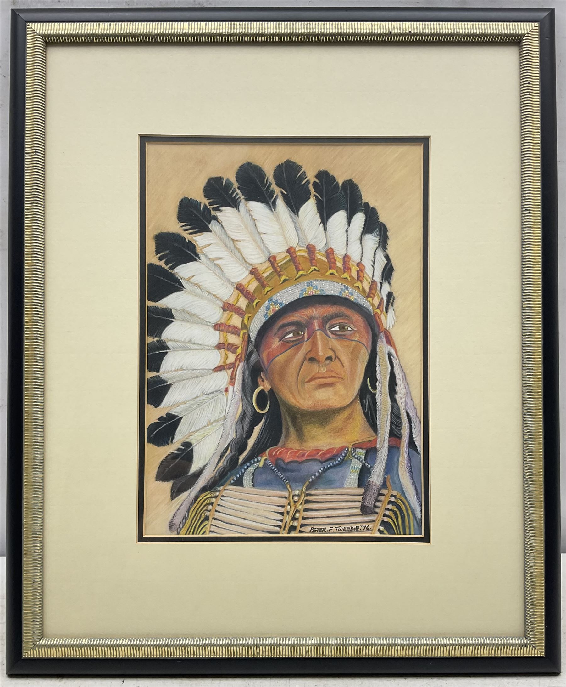 Peter F Tweedie (Britsh Contemporary): 'Touch the Clouds' - Portrait of a Native American, pastel signed and dated '96, titled verso with biographical information 29cm x 20cm