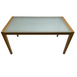 Contemporary beech framed dining table, rectangular frosted glass top on beech frame, square tapering supports