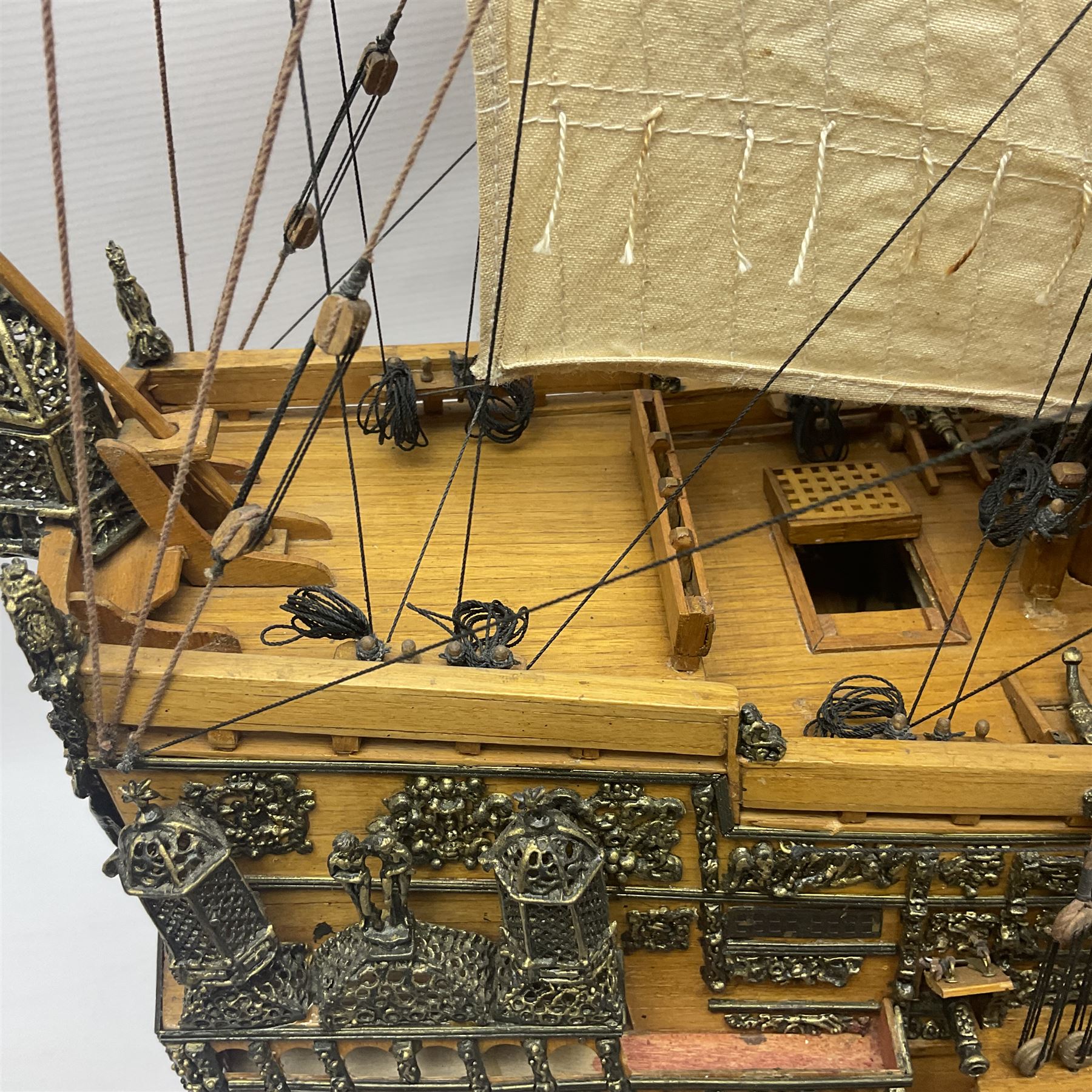 Large kit built scale model of 17th century Royal Navy warship 'HMS Sovereign of the Seas', upon wooden stand with engraved name plaque, H91cm, W111cm