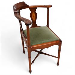 Edwardian inlaid mahogany corner chair, sage green upholstered seat