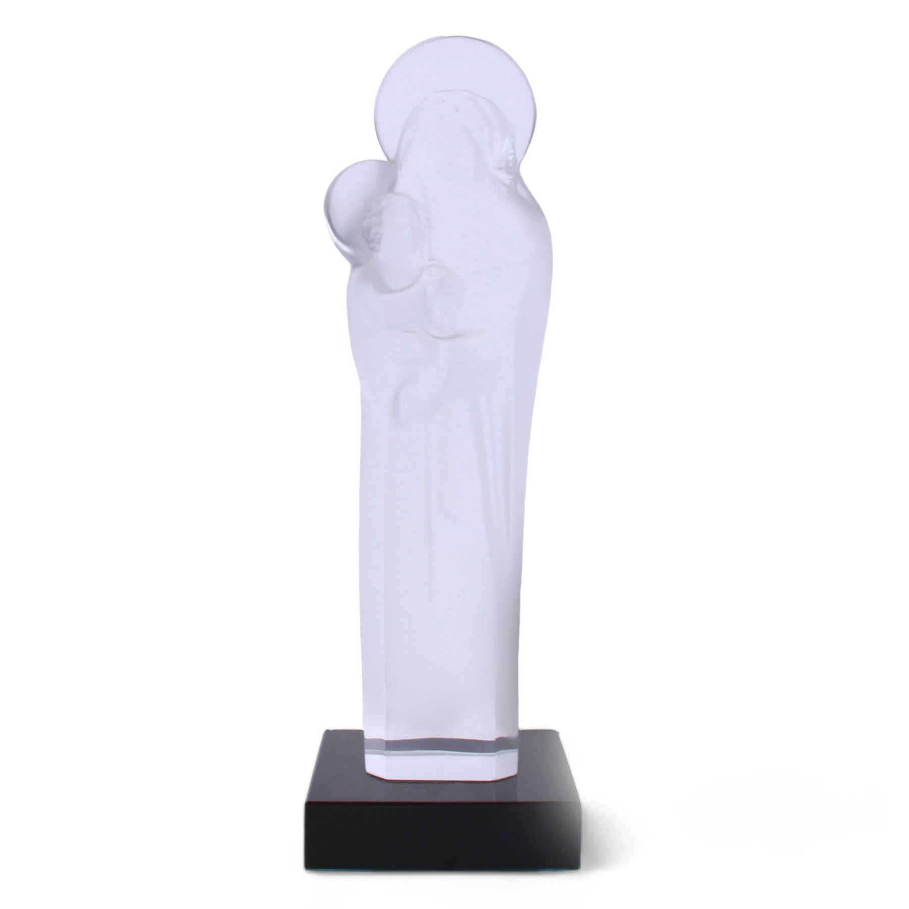 Rene Lalique (French 1860-1945), large crystal figure of the Madonna and Child, model 905, circa 1950, engraved Lalique France, upon square polished black slate plinth, overall H36cm