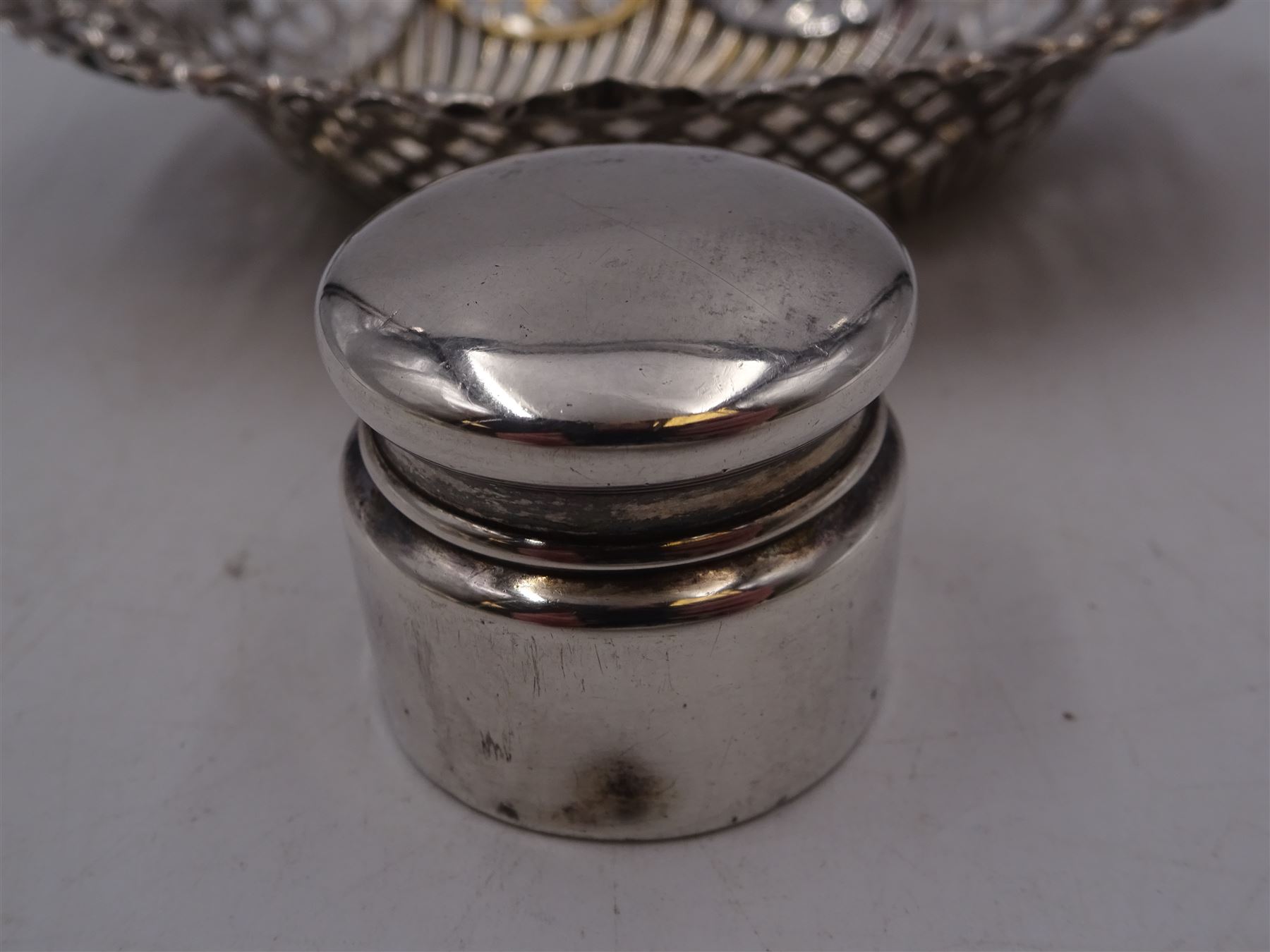 Small Victorian silver box, with rounded cover, hallmarked M Bros, Birmingham 1898, together with a Victorian silver pierced dish, hallmarked William Aitken, Chester 1899, dish W13cm