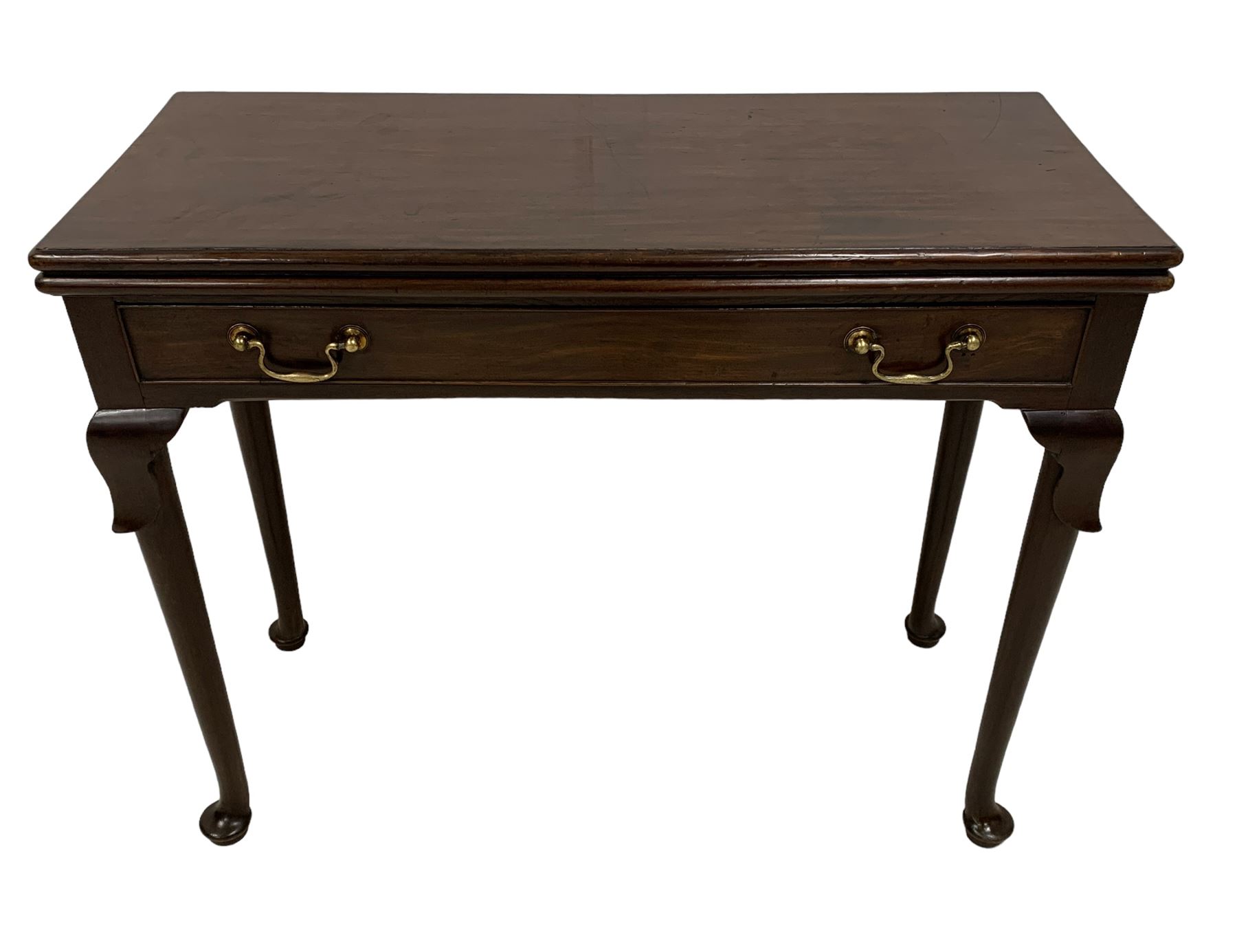 George III mahogany card table, moulded rectangular fold-over top revealing baize lined interior, single cocked-beaded frieze drawer with brass swan neck handles, on lappet carved cabriole supports, double gate-leg action base 