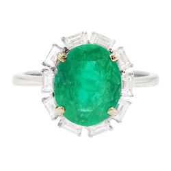 18ct white gold oval cut emerald and baguette cut diamond cluster ring, stamped 750, emerald approx 2.05 carat, total diamond weight approx 0.40 carat