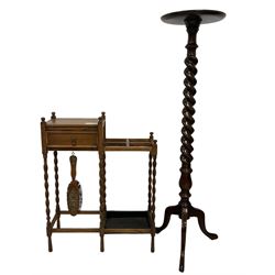 Edwardian oak spiral turned torchere stand, circular dished top, on tripod base (W31cm H125cm); Edwardian oak hallstand, fitted with single drawer, four sectional umbrella or stick stand over drip tray, with associated brush (W60cm H76cm) 