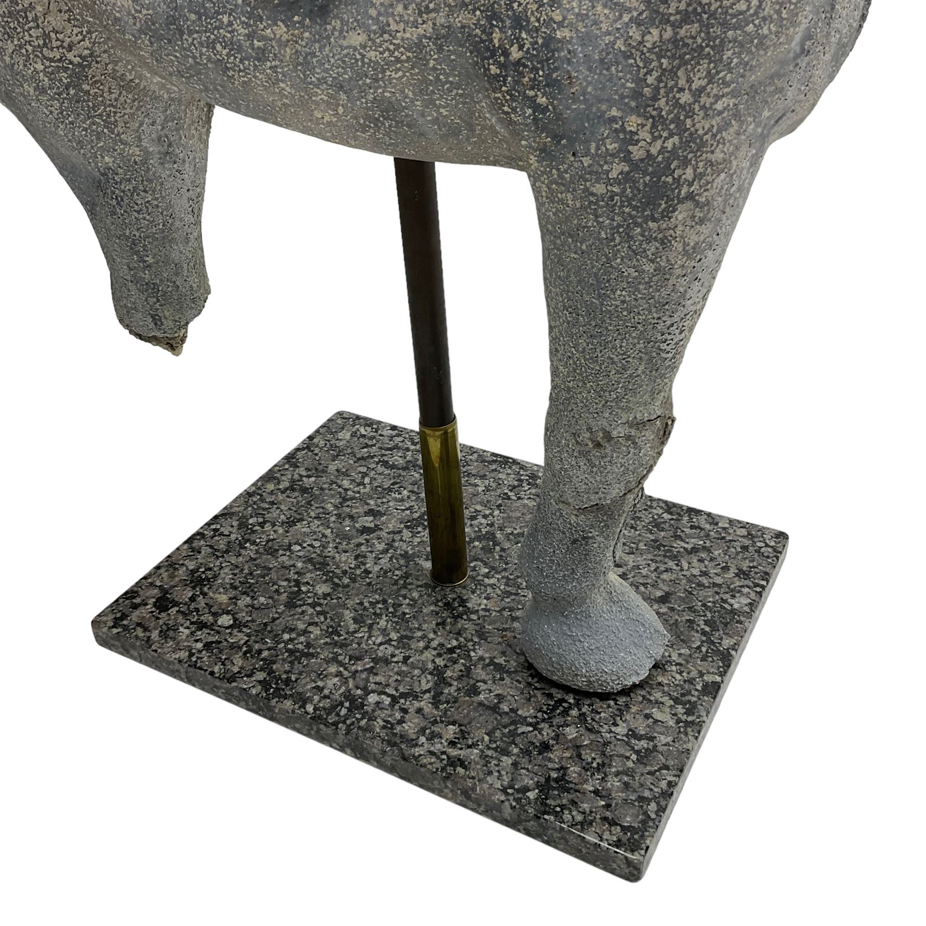 Cast stone figure of a horse, raised upon rectangular granite plinth