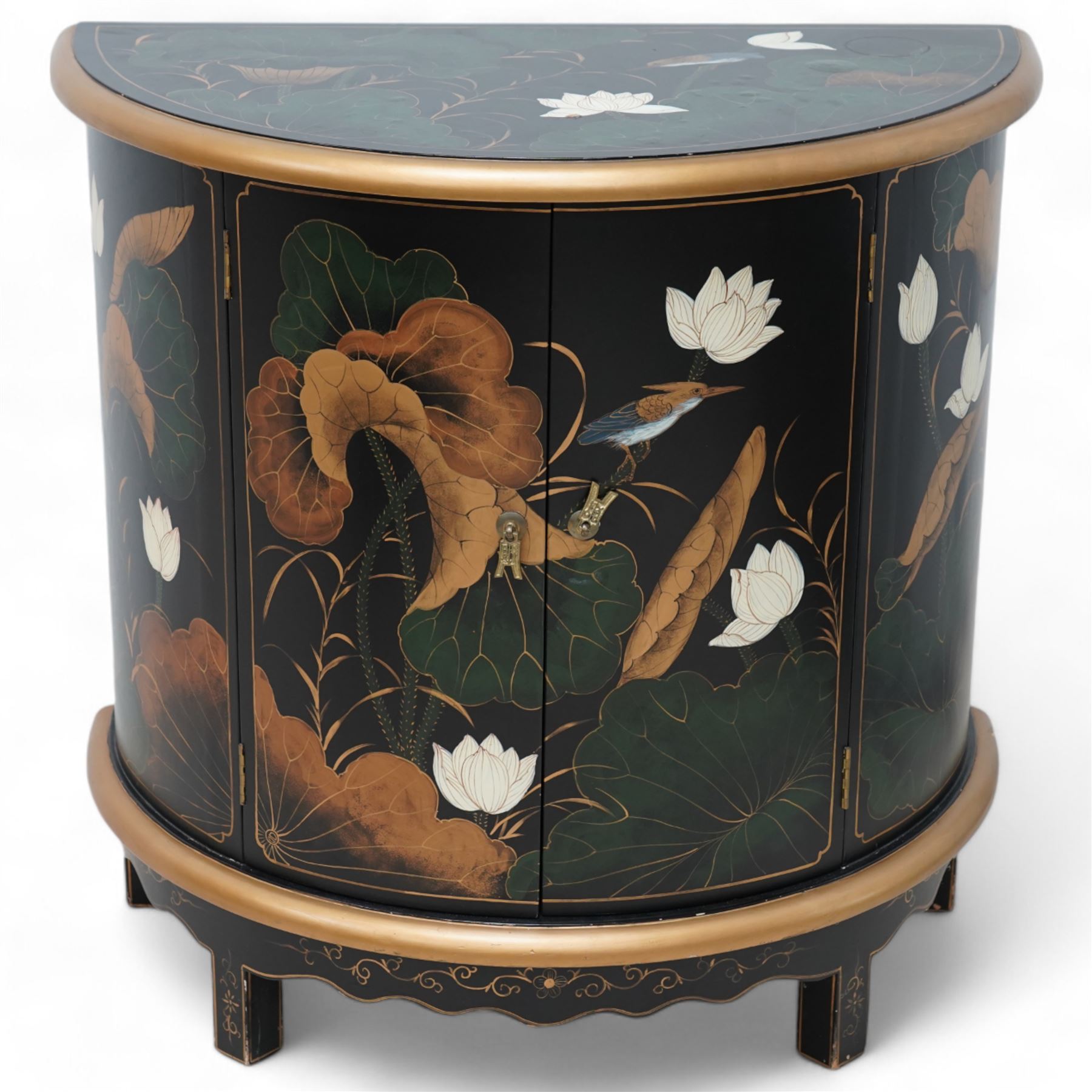 Chinoiserie design demi-lune cabinet, moulded top over two panelled doors, decorated with floral decoration and birds 