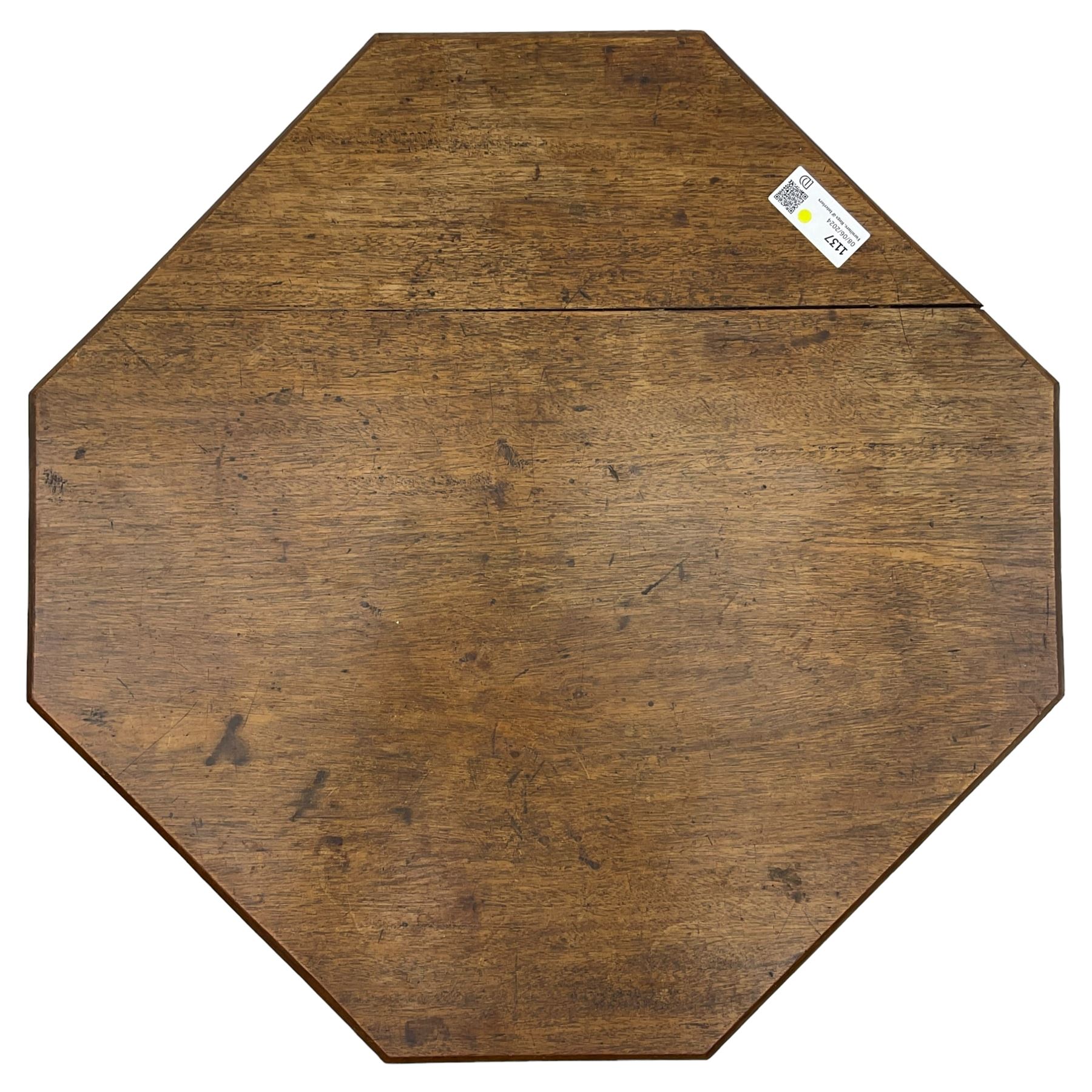 19th century walnut tripod table, square canted tilt-top with chamfered edge, turned pedestal with three splayed supports