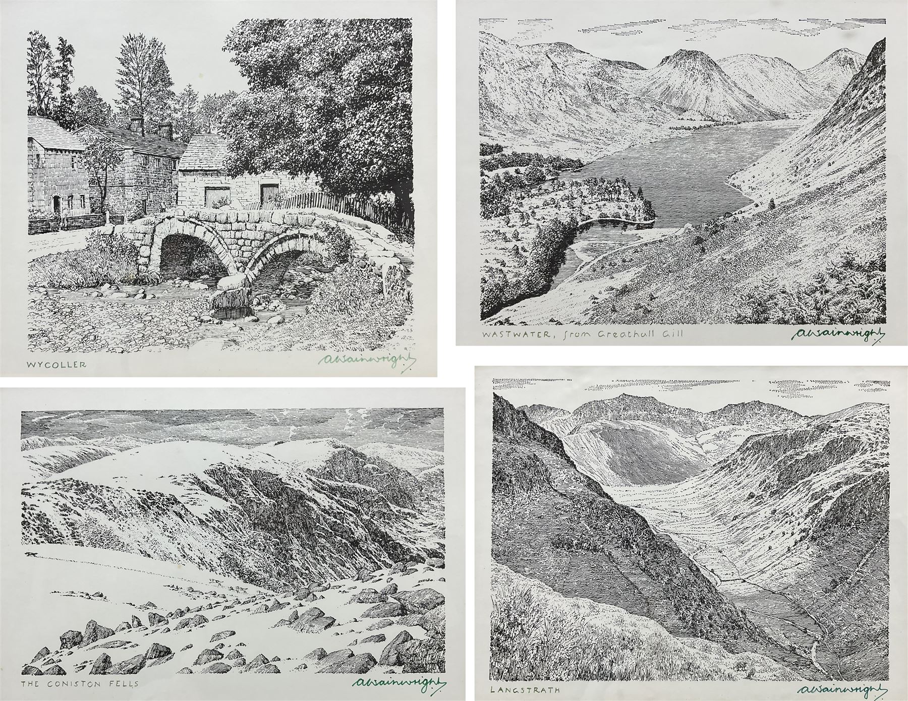 Alfred Wainwright MBE (British 1907-1991): 'Wycoller', 'Wastwater', 'The Coniston Fells', and 'Langstrath', four monochrome prints each signed in pen by the artist, max 17cm x 23cm (4)