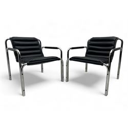 Baroumand Designs - pair of mid 20th century modernist armchairs, slung black leather seat with horizontal channel tufting, tubular chrome frame with curved arms, raised on tubular supports