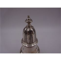 Mid 20th century silver sugar caster, of typical waisted form with removable pierced cap and urn finial, hallmarked William Comyns & Sons Ltd, London 1961, H14cm