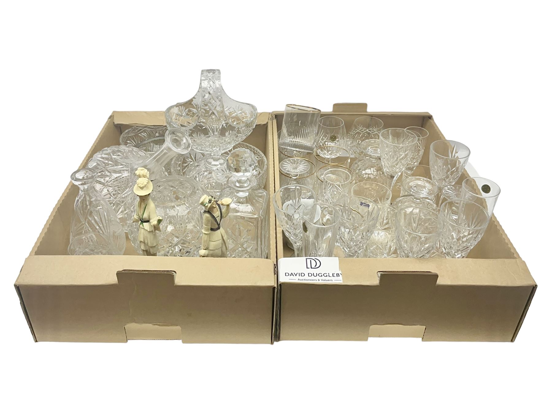 Large collection of crystal glassware, together with glass decanters, bowls, covered bon bon dish etc, in two boxes 