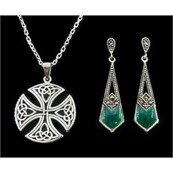 Pair of silver green agate and marcasite pendant stud earrings and a silver cross pendant