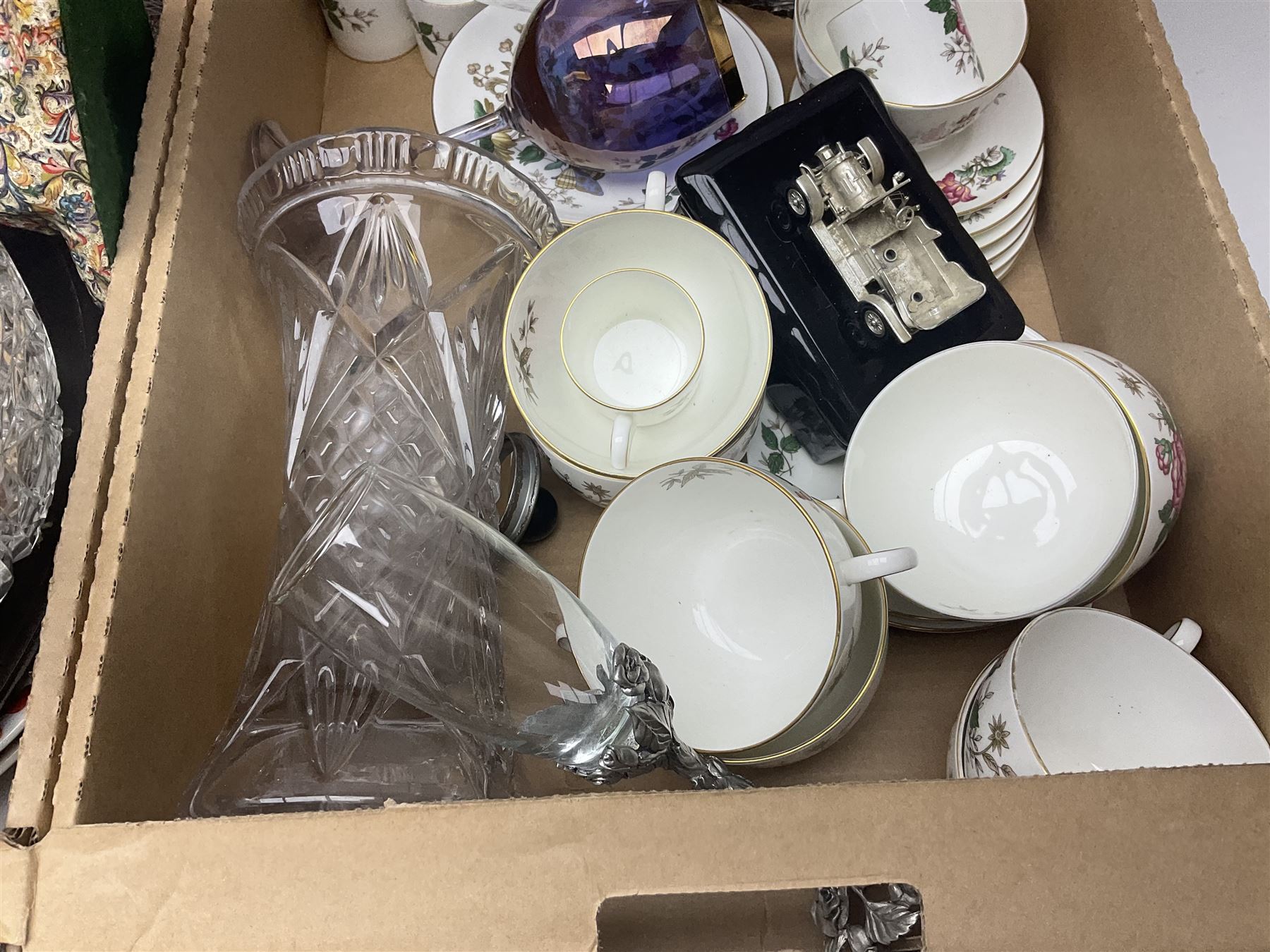 Emma Bridgewater wall clock, Country Artists kingfisher, Wedgwood Charnwood pattern tea service and a large collection of collectors plates and other ceramics and glassware, in six boxes