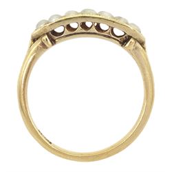 Early 20th century gold milgrain set two row split pearl ring, stamped 18ct