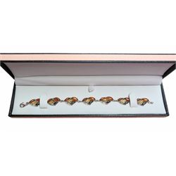 Silver tri-colour Baltic amber bracelet, stamped 925, boxed