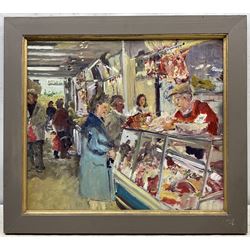 Catherine Tyler (British 1949-): 'Brighton Market Butcher', oil on board signed and dated '94, titled verso 41cm x 48cm