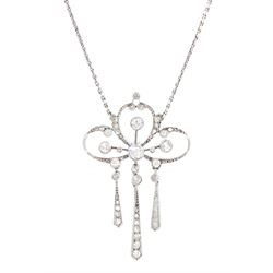 Early 20th century platinum and silver diamond pendant, four milgrain set old cut diamonds of approx 0.40 carat, with rose and old cut diamond set openwork surround, suspending three kite shaped pendants set with diamonds, on detachable screw back platinum trace link chain necklace