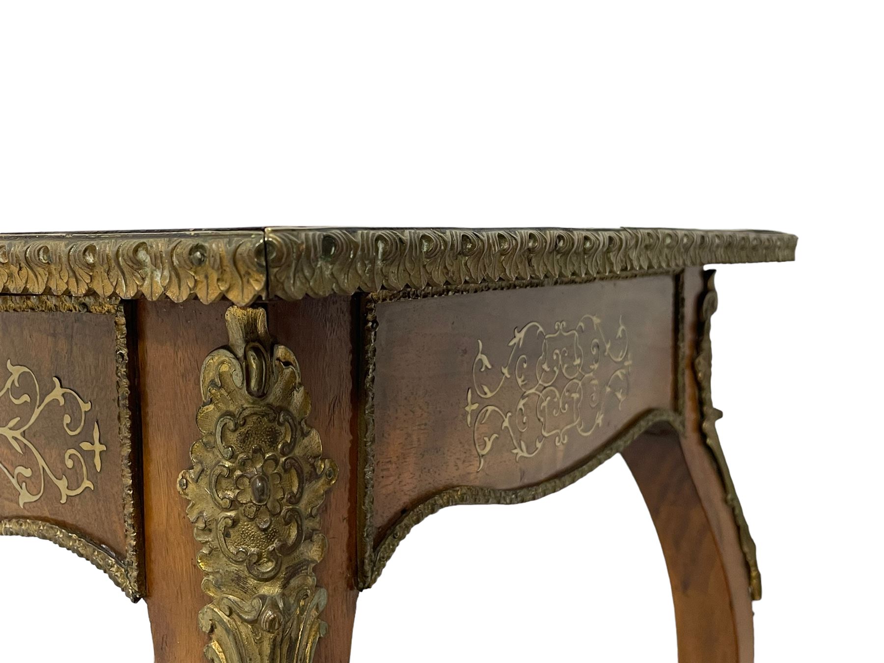 In the manner of Émile Gallé - late 19th to early 20th century inlaid walnut side table, rectangular top inlaid with Japonisme decoration depicting birds within trees, figured crossbanding and cast gilt foliate applied edge, single frieze drawer inlaid with scrolling brass work, on cabriole supports with ornate floral mounts