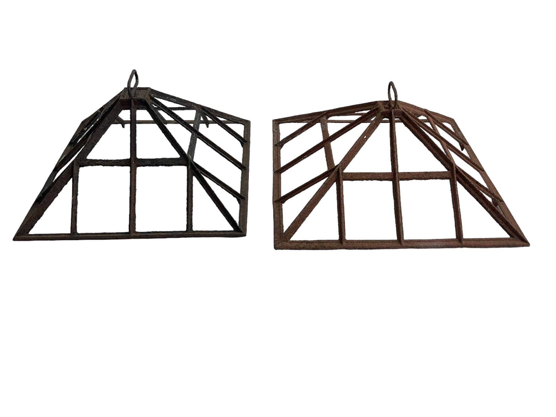 Two 19th century cast iron cloche lid frames, pyramid form with astragal frame, with carrying handle