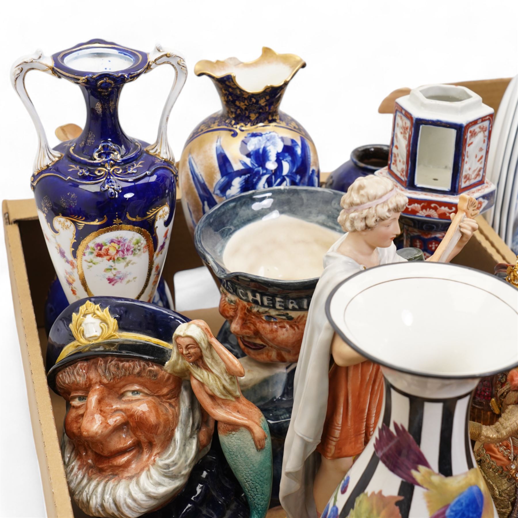 Royal Doulton - Corolian ware ewer, stoneware vase, Sea Captain figure, character jug etc, together with other porcelain including London Crossing Sweeper figure, Royal Dux figure, Japanese Imari lantern, quantity of blue and white etc, in two boxes 