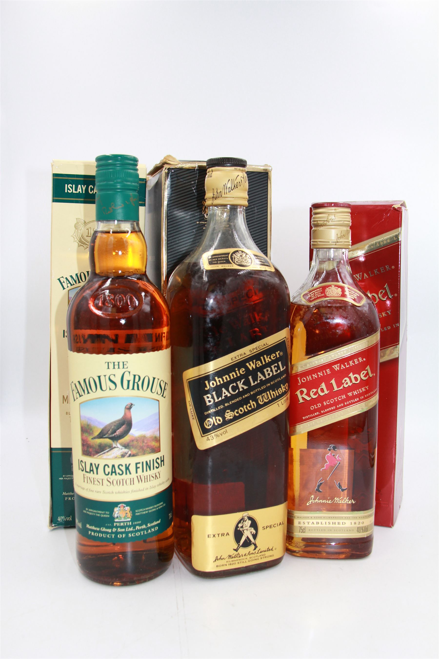 The Famous Grouse, Islay cask finished blended Scotch whisky 70cl 40%, Johnnie Walker, Black Label extra special blended Scotch whisky, 1L 43% and Johnnie Walker Red Label 75cl 40% (3) 