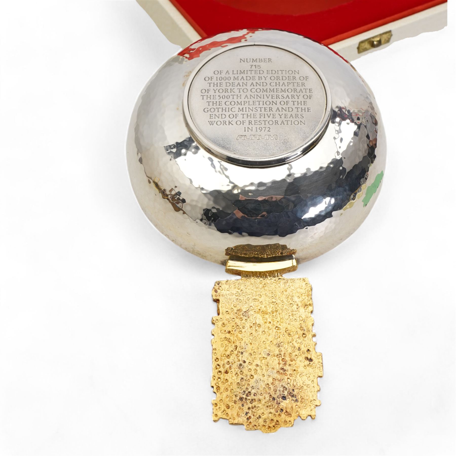 Aurum York Minster limited edition silver bowl with gilded handle and planished finish to the exterior, to commemorate the 500th anniversary of the completion of the Gothic Minster No.715/1000 designed by Hector Miller London 1972 with certificate and original case  