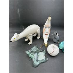 Milk glass decanter, modelled as a moon with a painted face, together with glass animals modelled as a polar bear, turtle and badger, together with other glass  