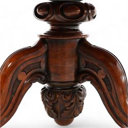 Victorian figured walnut circular centre table, moulded edge over plain frieze, raised on a turned and egg-and-dart moulded pedestal, terminating in an acanthus carved terminal and splayed supports with castors