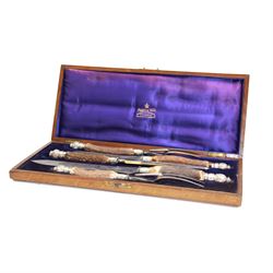 Late Victorian five piece silver mounted antler handled carving set by Mappin & Webb, hallmarked Sheffield 1897, contained within blue silk & velvet lined oak case with engraved cartouche to cover