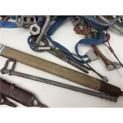 Collection of 1960s/70s climbing equipment including two original Hamish McInnes Pterodactyl ice axes, Joe Brown helmet, carabiners, ropes and wires etc