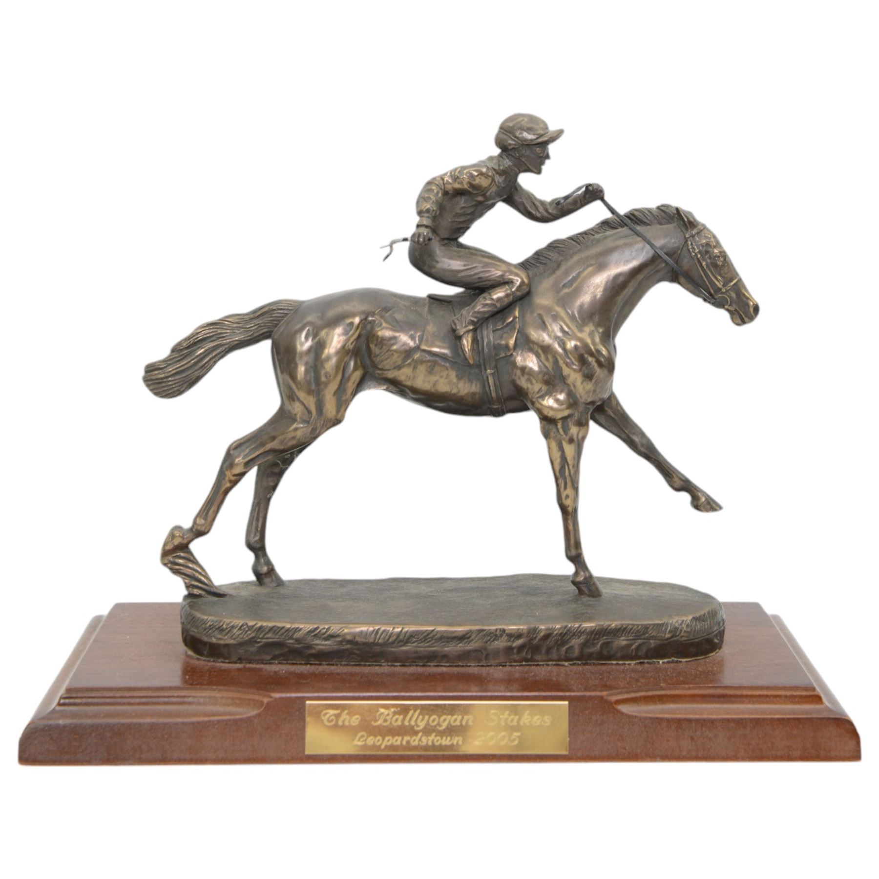 'The Ballyogan Stakes, Leopardstown 2005' Bronze resin model by David Geenty of a racehorse with jockey up on wooden base 26cm x 33cm 