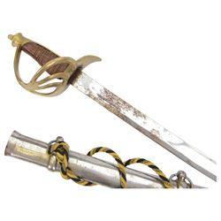 Replica cavalry officer's dress sword, pierced brass hilt and wire grip, in steel scabbard, L108cm