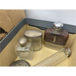 Silver mounted hand mirror and glass vanity bottles/jars with silver caps, all hallmarked, together with silver plated teapot, serving dishes and glass hip flask