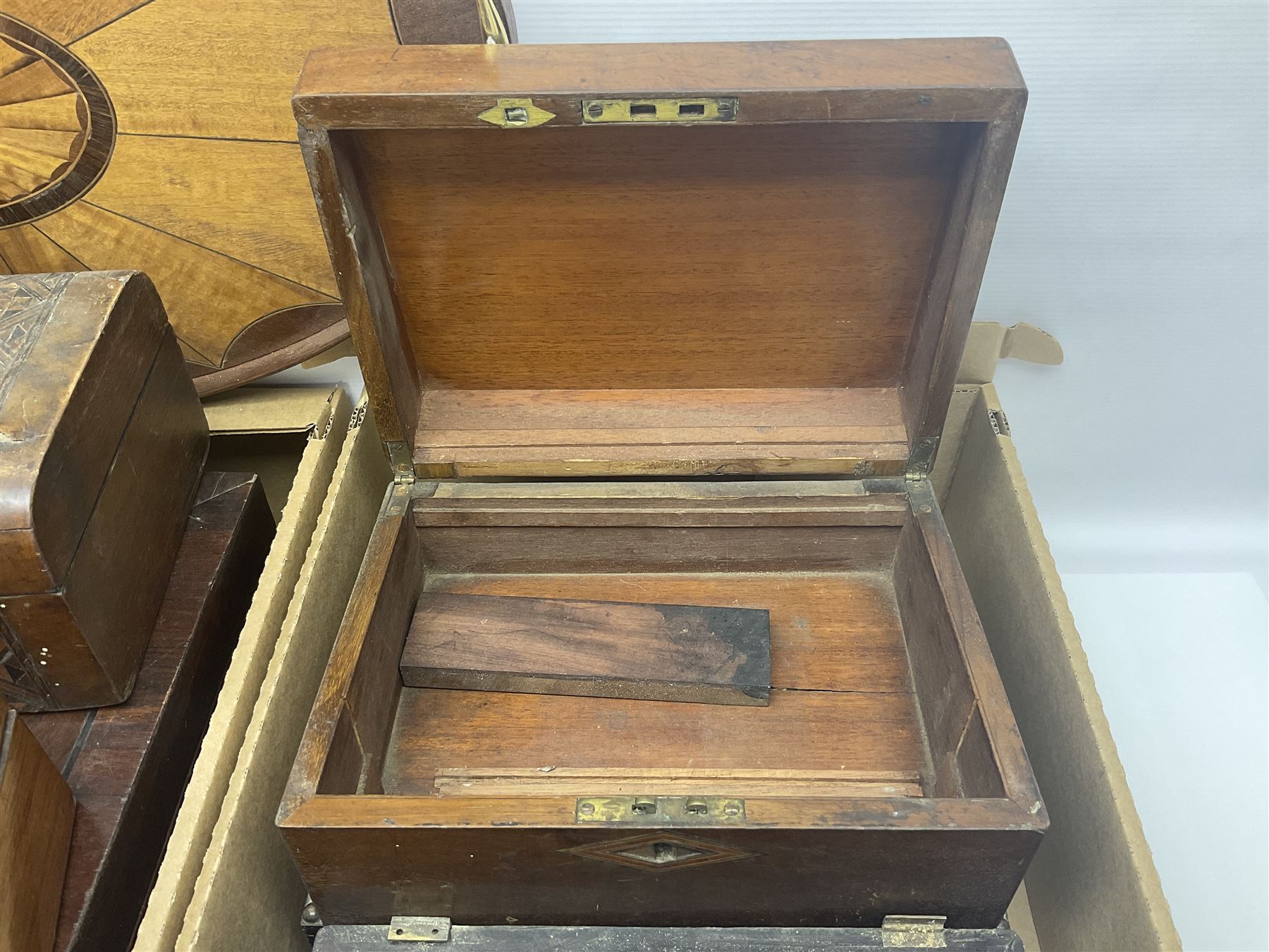 Wooden boxes, writing slopes and a tray for restoration