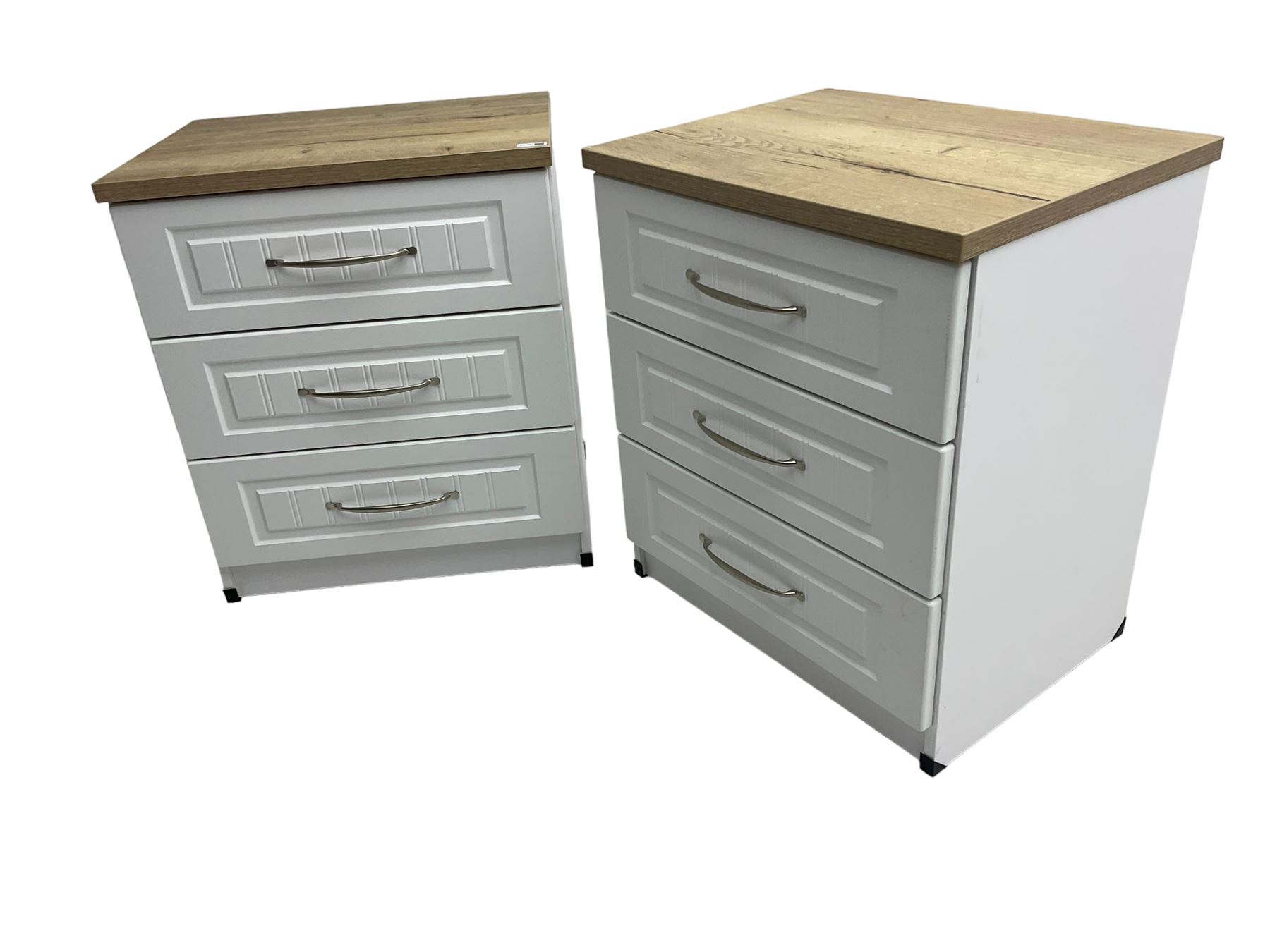 Pair of large oak and white finish three drawer bedside chests