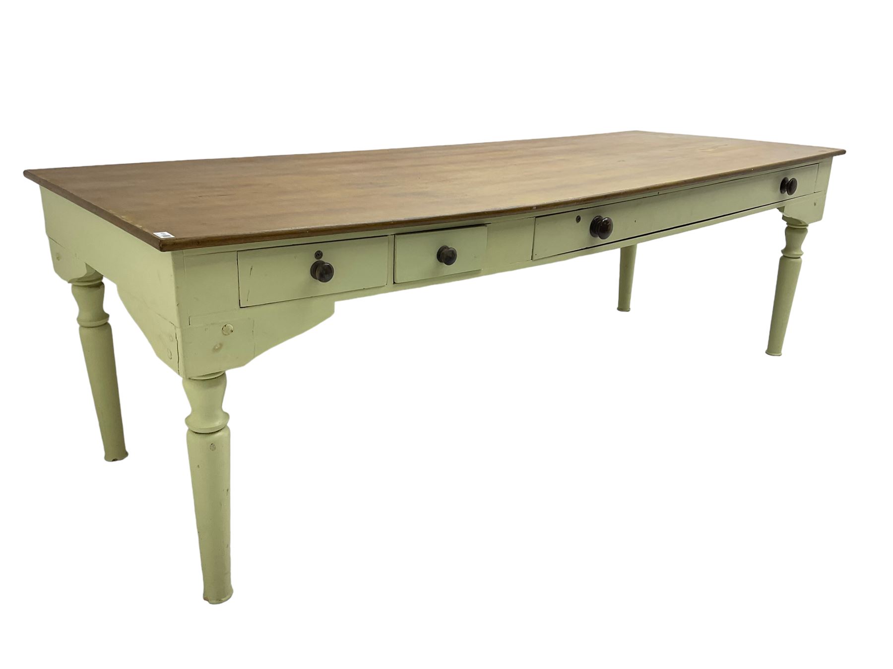 Large 20th century farmhouse style dining table, rectangular oak top on pale green painted base fitted with drawers, on turned supports