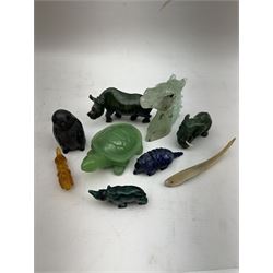 Collection of carved stone animals including  Lapis Lazuli armadillo, Malecite rhino, Amber dog etc  