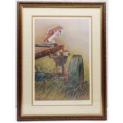 Robert E Fuller (British 1972-): 'Barn Owl on a Trailer', limited edition colour print signed and numbered 390/850  in pencil 48cm x 32cm