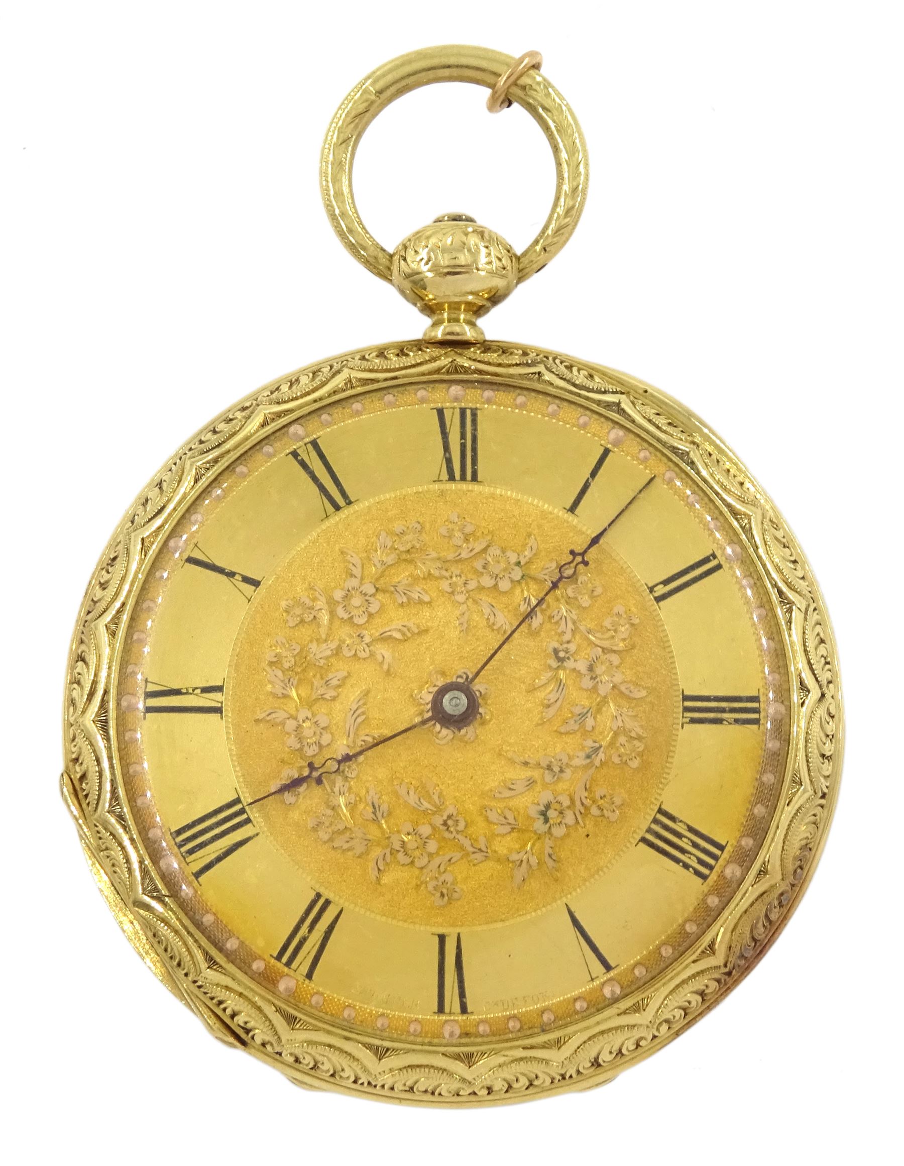 Early 20th century 18ct gold open face key wound cylinder pocket watch, gilt dial with Roman numerals, case with ornate decoration and cartouche, stamped 18K