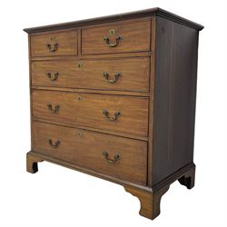 George III mahogany chest, moulded rectangular top over two short and three long cock-beaded drawers, fitted with brass swan neck handles and circular plates, on bracket feet