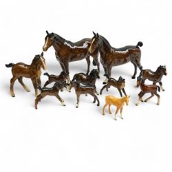 Ten Beswick horse figures, including Large Shire Foal no 951, Hackney Horse no 1361, Shetl...