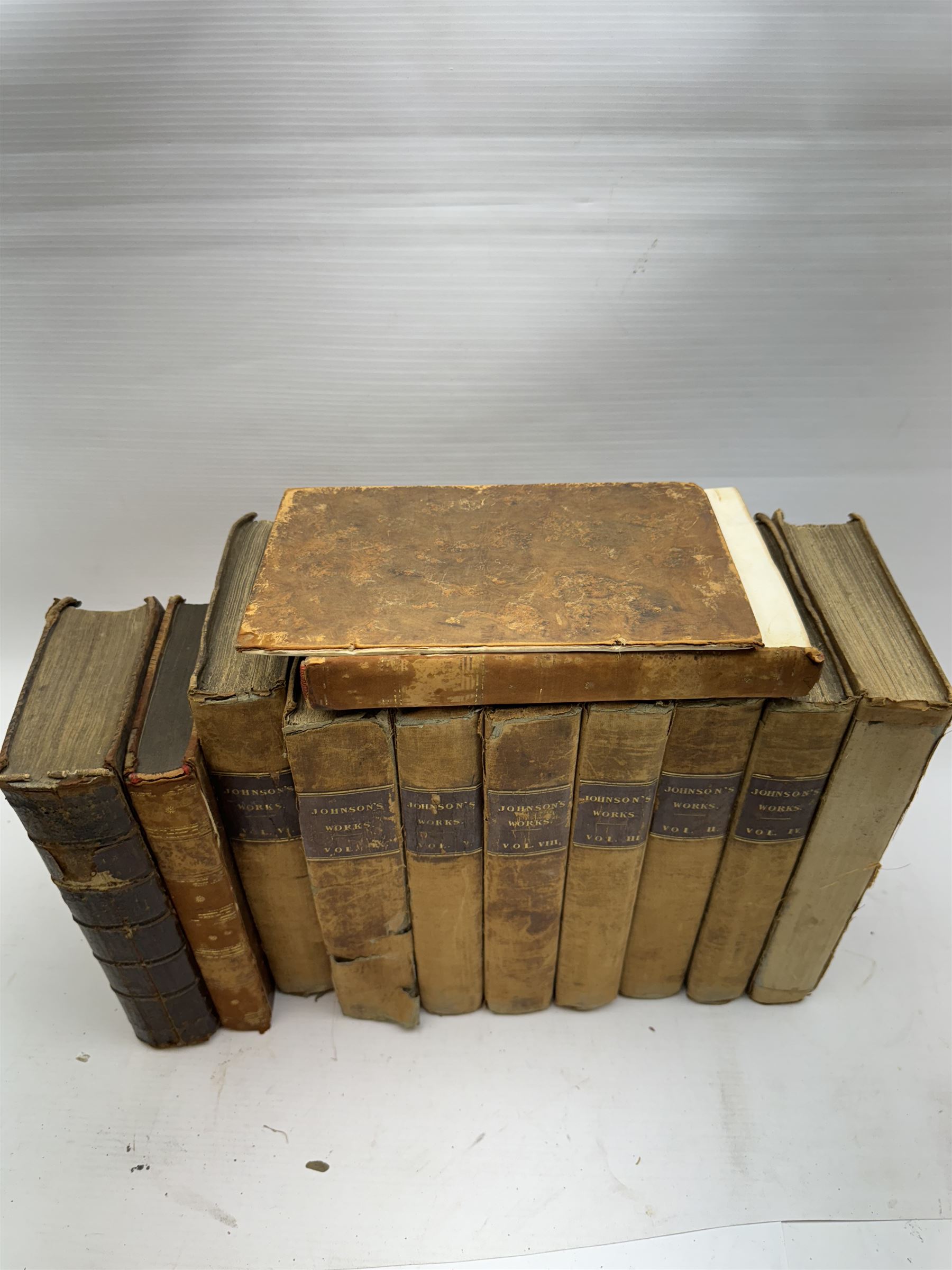 Johnson Samuel: 'The Works of Samuel Johnson, LL.D.', Oxford, Talboys & Wheeler, London, W. Pickering, 1825, nine volumes, together with The Arminian Magazine, volume VII, London, and Vie de Catherine II, Tome Premier et Second, Paris, (12)