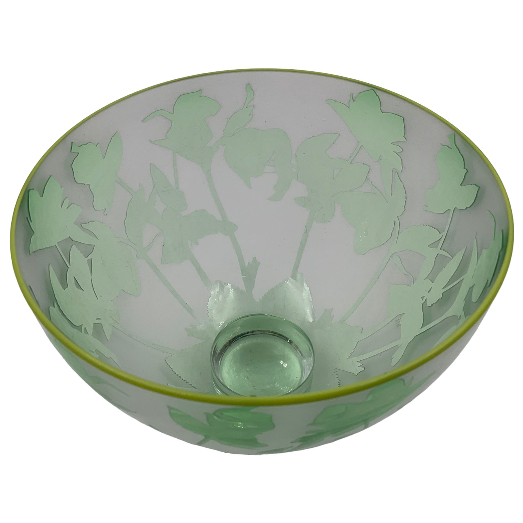 Gillies Jones of Rosedale green glass bowl decorated with flowers with green rim, upon a short clear tapering foot, signed to base, H13cm D15cm