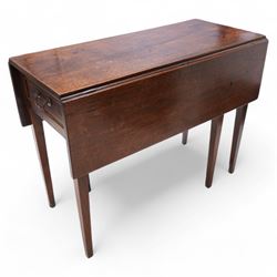 Late 18th century mahogany drop-leaf, rectangular top over single cock-beaded drawer with swan neck handle, raised on square tapering supports