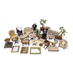 Dolls house furniture, including sofa, chairs, foot stools, fireplace, sideboards, five fi...