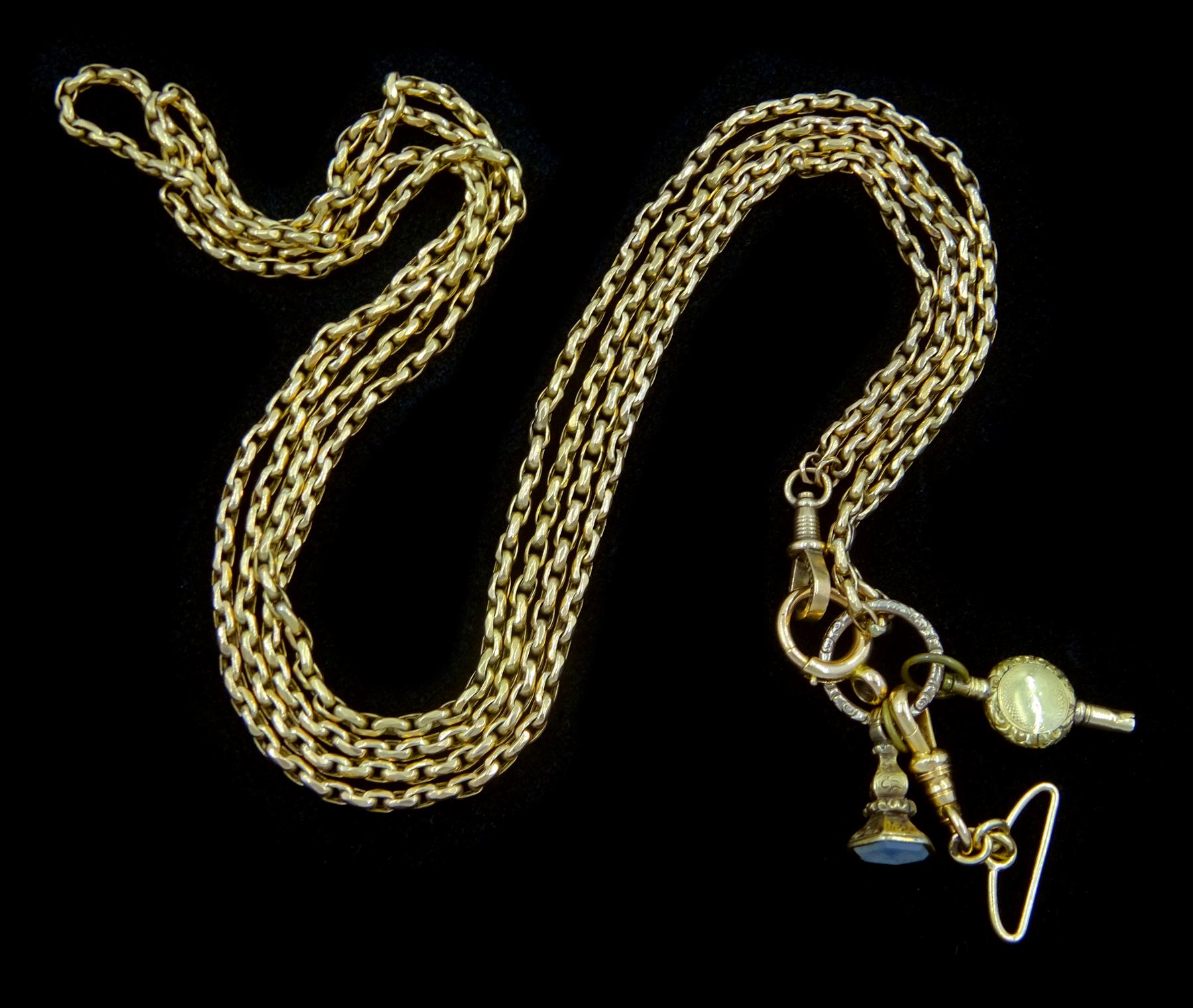 Victorian 9ct gold muff / cable link chain necklace, with gold-plated watch winder and fob and two later 14ct gold clips